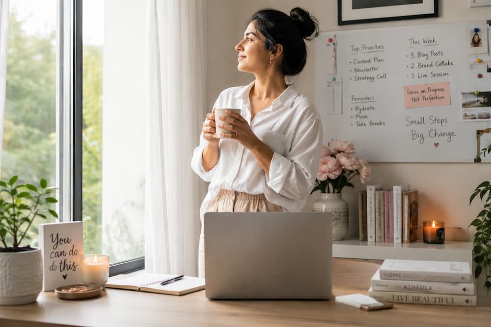 A Calm Work-from-Home Break Woman taking a calm work-from-home break with a cup of tea beside her laptop