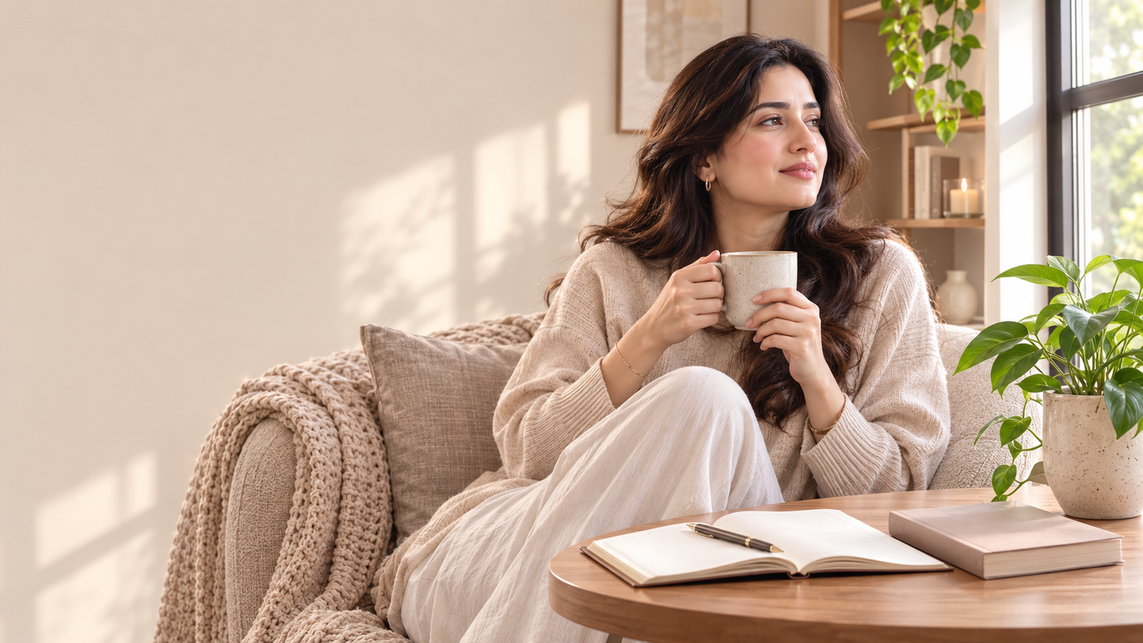 Self-care activities for women including relaxing with tea and journaling in a peaceful home setting.